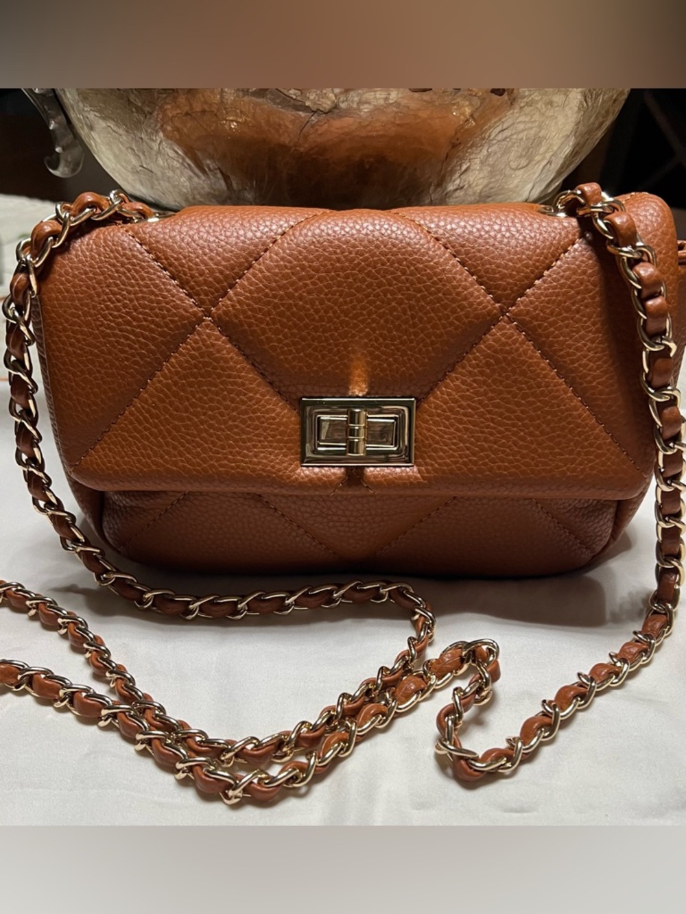 Quilted Pebbled Leather Shoulder Bag in Cognac Brown